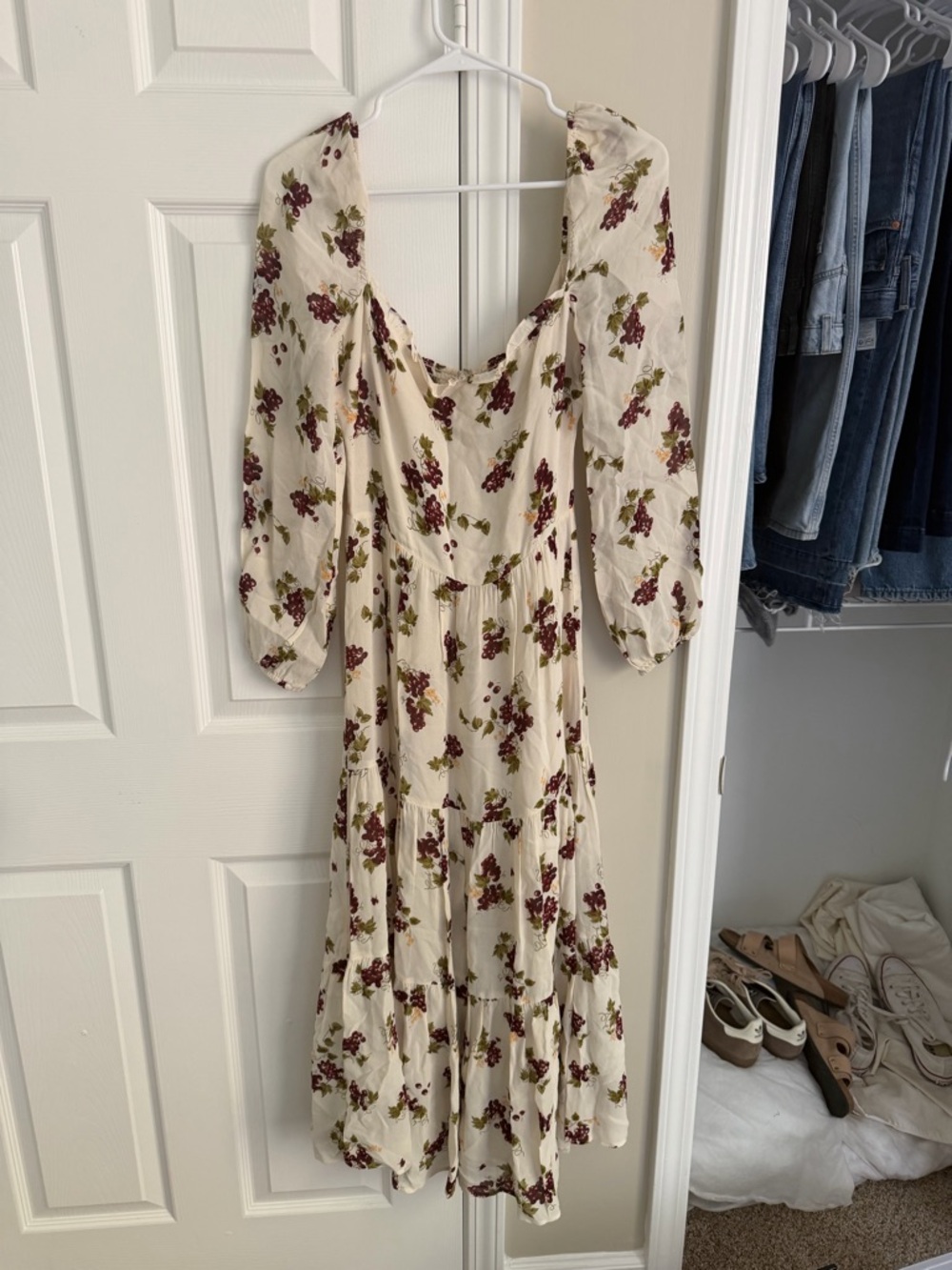 Reformation Cream Midi Dress with Burgundy Floral and Olive Leaves